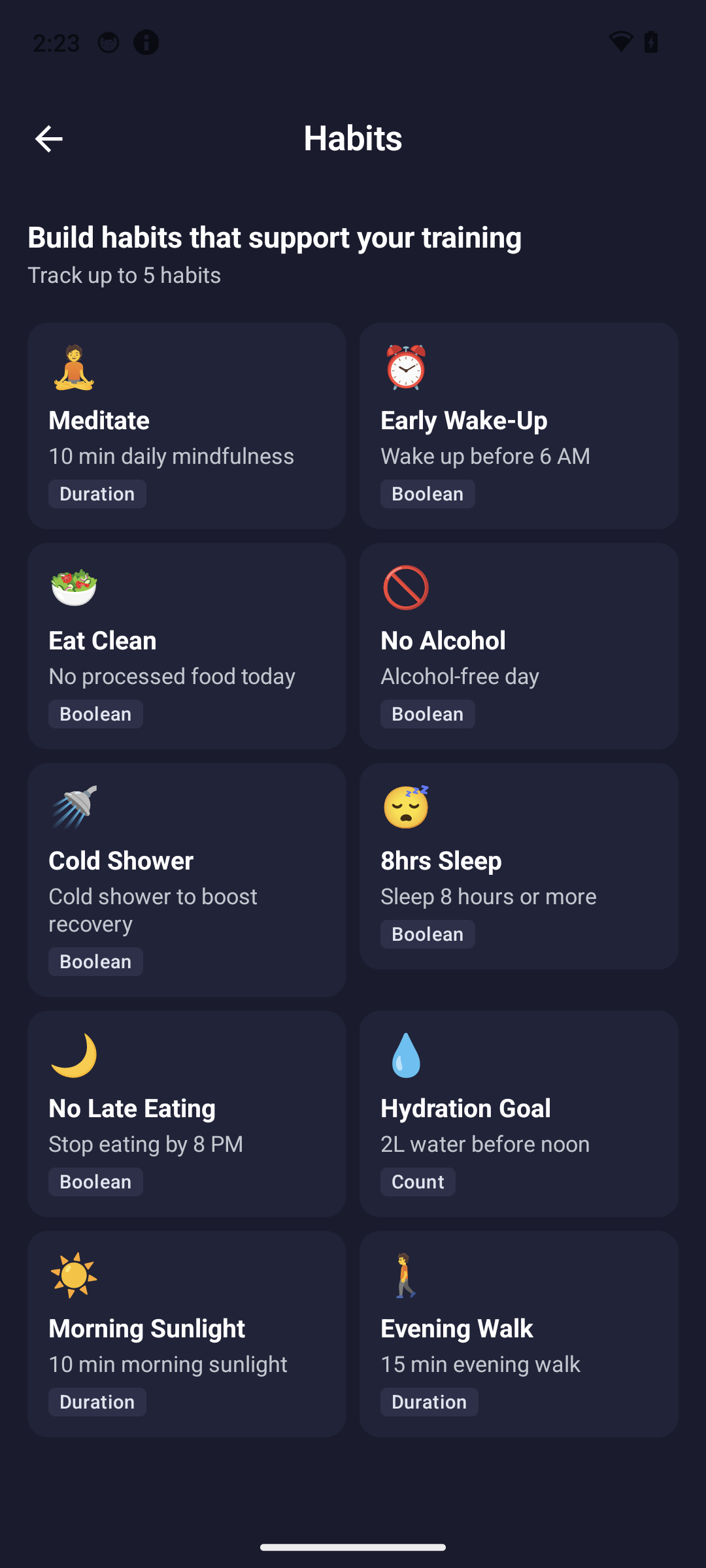 Daily habit tracking with sleep, hydration and mindfulness