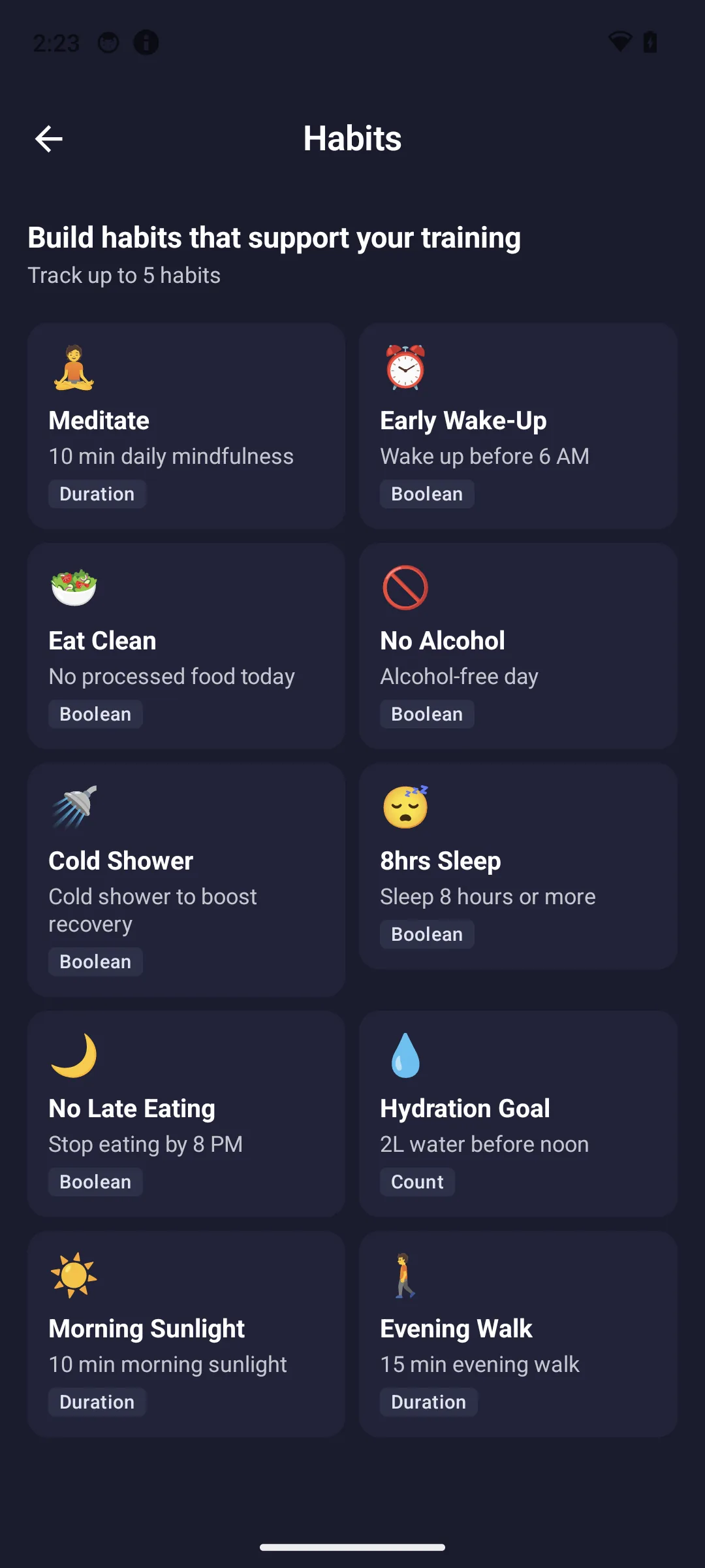 Daily habit tracking with sleep, hydration and mindfulness