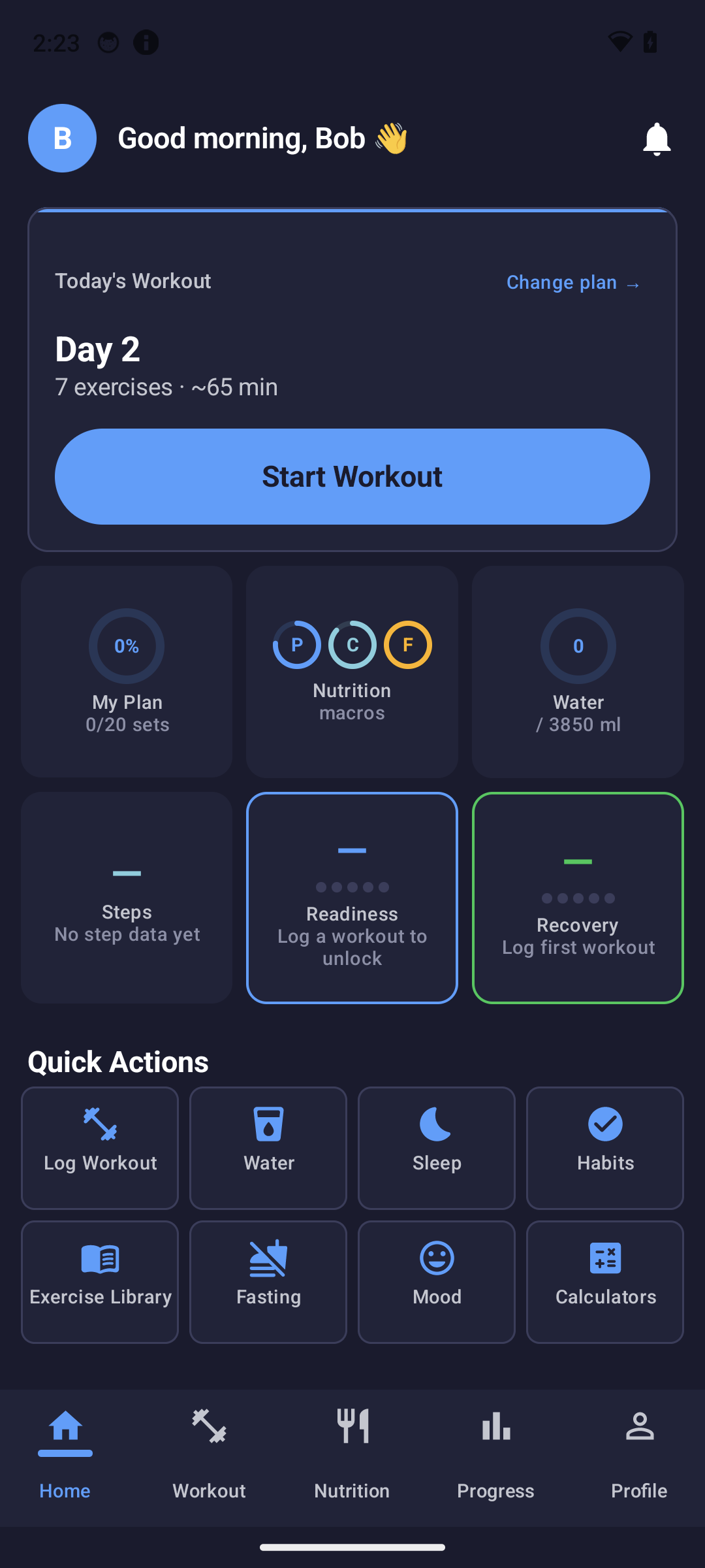 ByteFit home dashboard with today's workout, macros and quick actions