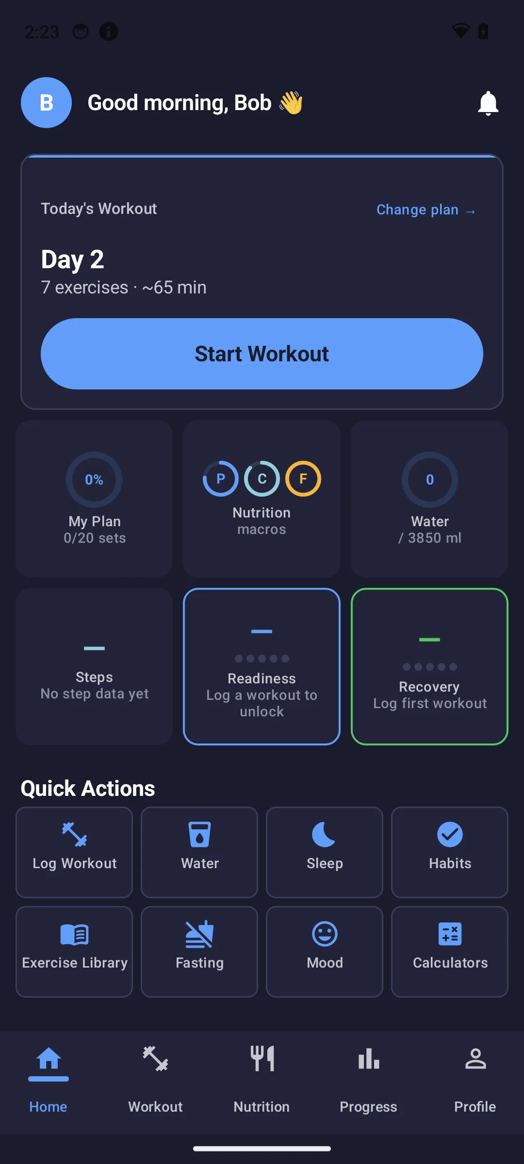ByteFit home dashboard with today's workout, macros and quick actions