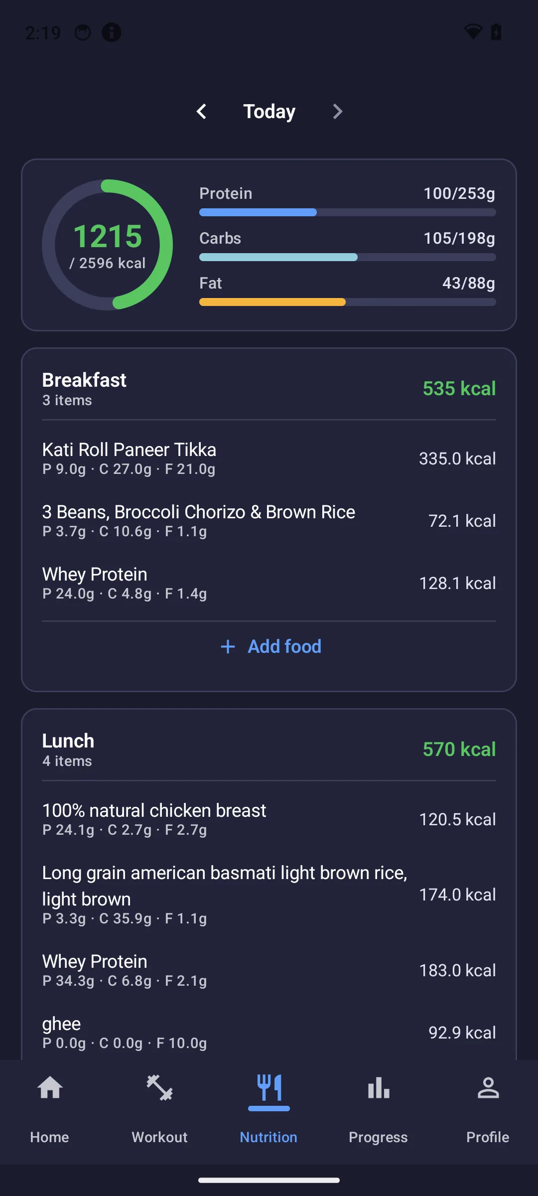 Nutrition tracking with calorie ring and meal breakdown