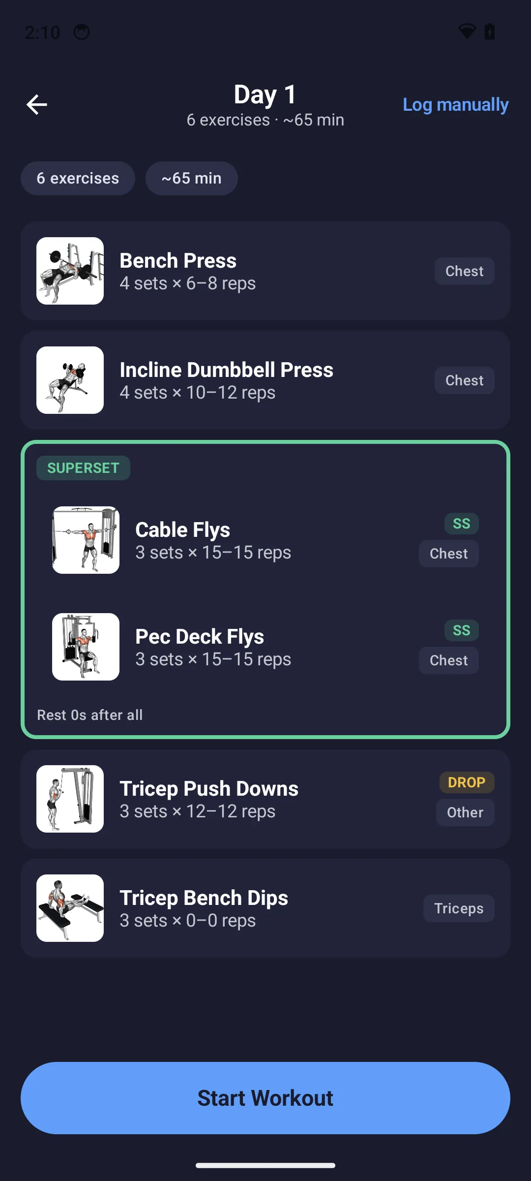 Workout plan with exercises, supersets and drop sets